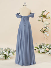 A-lijn chiffon off-the-shoulder geplooide vloerlengte bruidsmeisje jurk