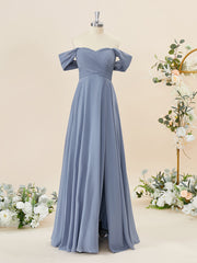 A-lijn chiffon off-the-shoulder geplooide vloerlengte bruidsmeisje jurk