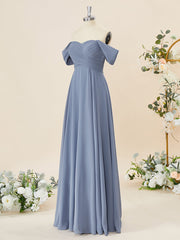 A-lijn chiffon off-the-shoulder geplooide vloerlengte bruidsmeisje jurk