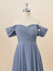 A-lijn chiffon off-the-shoulder geplooide vloerlengte bruidsmeisje jurk