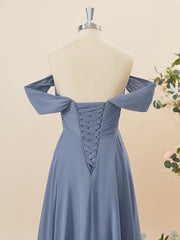 A-lijn chiffon off-the-shoulder geplooide vloerlengte bruidsmeisje jurk