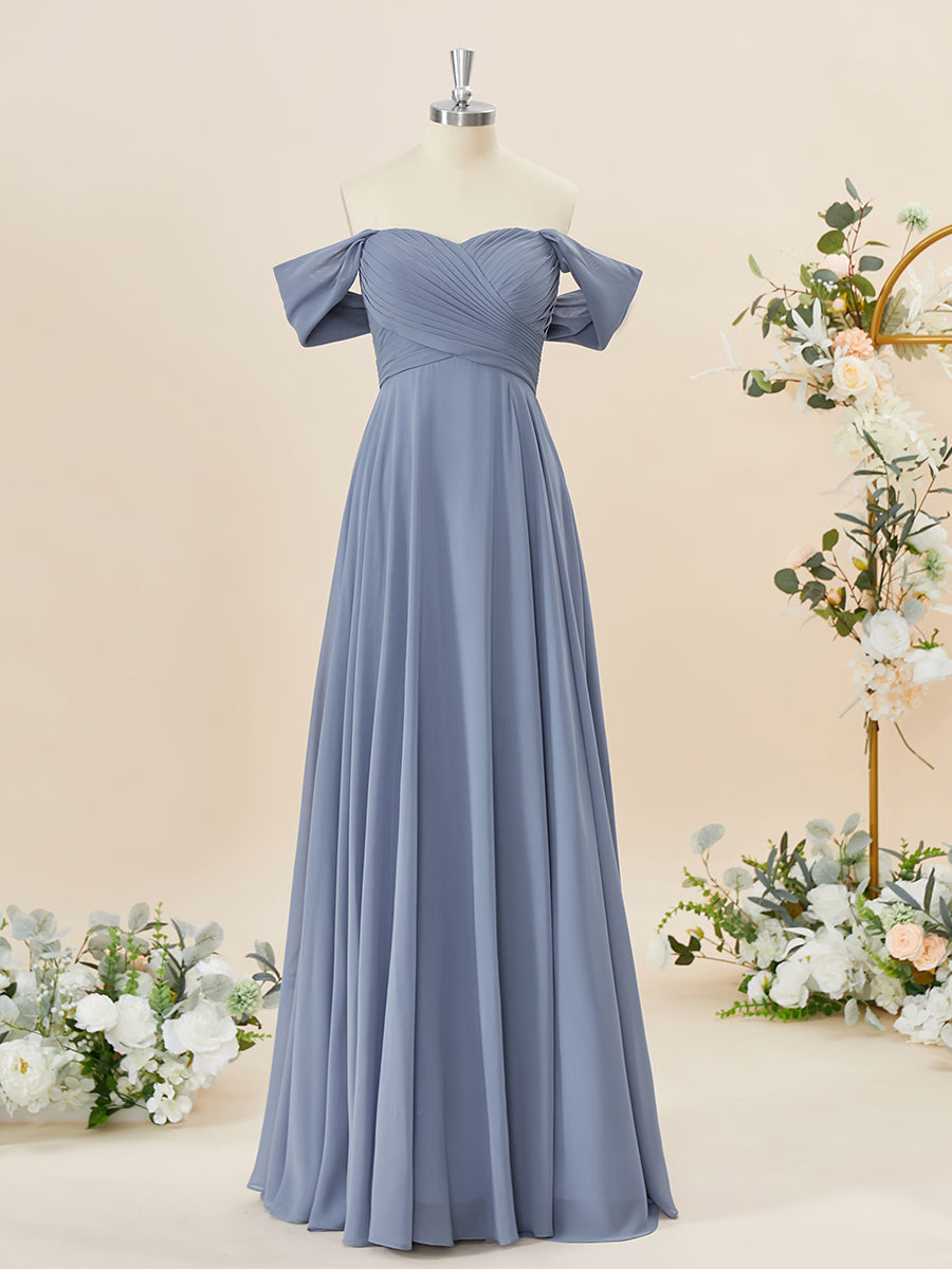 A-lijn chiffon off-the-shoulder geplooide vloerlengte bruidsmeisje jurk