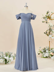 A-lijn chiffon off-the-shoulder geplooide vloerlengte bruidsmeisje jurk
