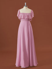 A-lijn chiffon off-the-shoulder geplooide vloerlengte converteerbare bruidsmeisje jurk