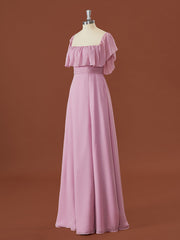 A-lijn chiffon off-the-shoulder geplooide vloerlengte converteerbare bruidsmeisje jurk