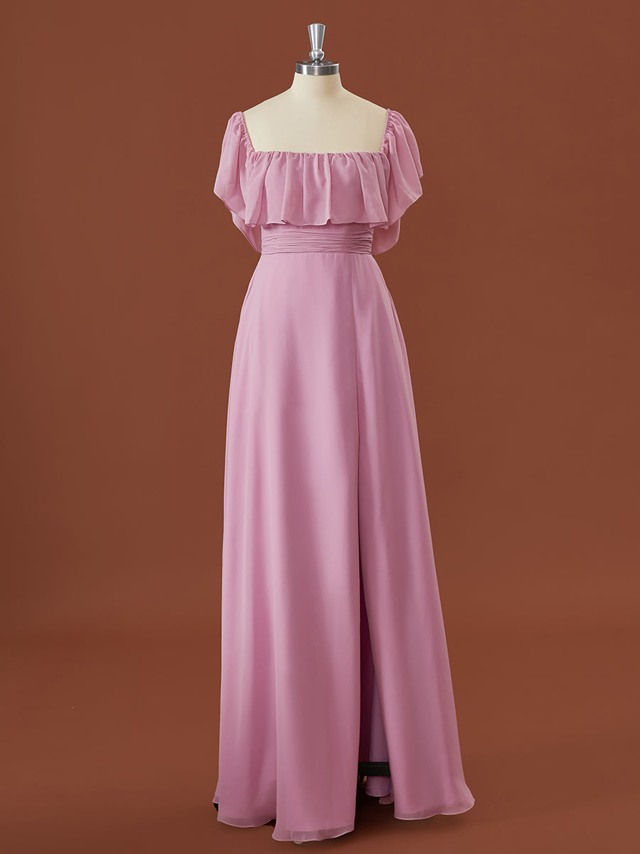 A-lijn chiffon off-the-shoulder geplooide vloerlengte converteerbare bruidsmeisje jurk