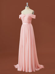 A-lijn chiffon off-the-shoulder geplooide sweep trein bruidsmeisje jurk