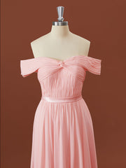 A-lijn chiffon off-the-shoulder geplooide sweep trein bruidsmeisje jurk