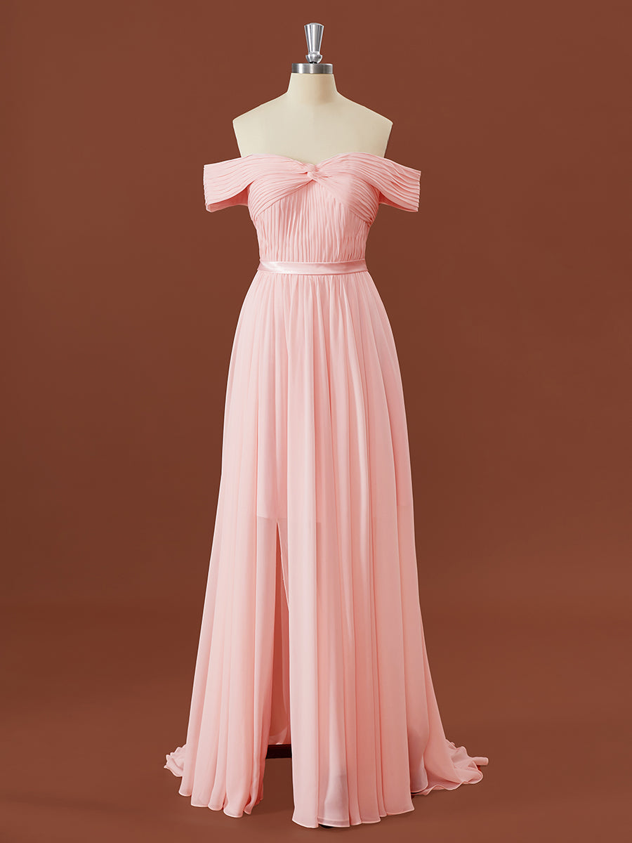 A-lijn chiffon off-the-shoulder geplooide sweep trein bruidsmeisje jurk