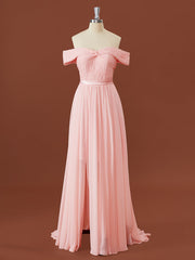 A-lijn chiffon off-the-shoulder geplooide sweep trein bruidsmeisje jurk