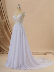 A-line Chiffon V-neck Appliques Lace Cathedral Train Wedding Dress