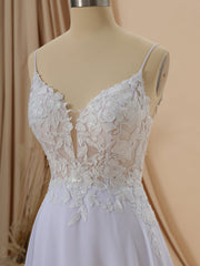 A-line Chiffon V-neck Appliques Lace Cathedral Train Wedding Dress