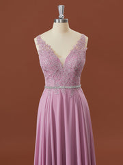 A-lijn chiffon v-neck appliques kanten vloerlengte bruidsmeisje jurk