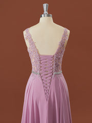 A-lijn chiffon v-neck appliques kanten vloerlengte bruidsmeisje jurk