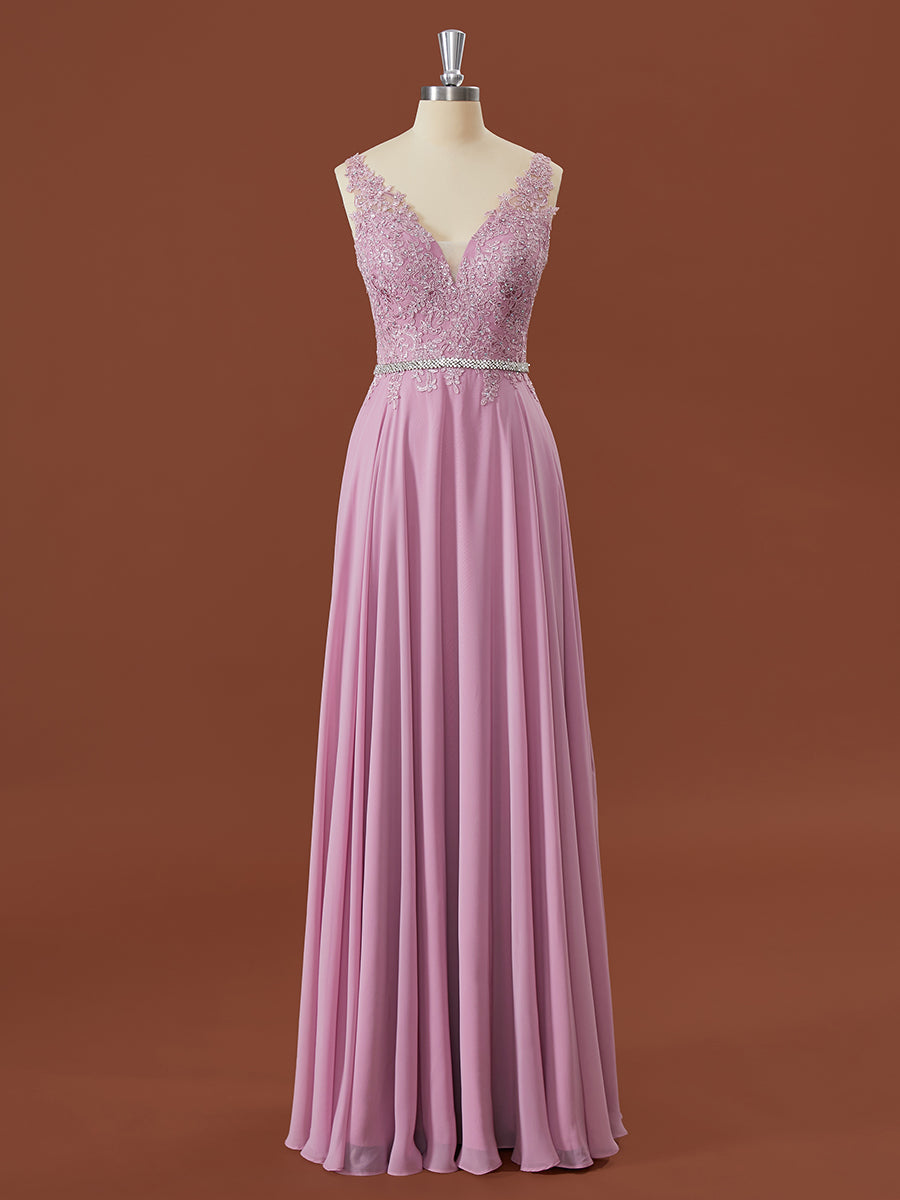 A-lijn chiffon v-neck appliques kanten vloerlengte bruidsmeisje jurk