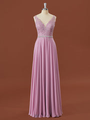 A-lijn chiffon v-neck appliques kanten vloerlengte bruidsmeisje jurk