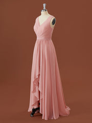 A-lijn chiffon v-hals geplooide asymmetrische bruidsmeisje jurk