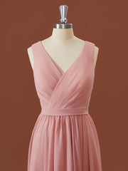 A-lijn chiffon v-hals geplooide asymmetrische bruidsmeisje jurk