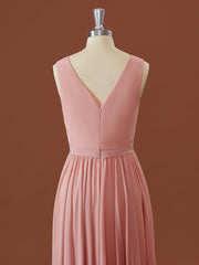 A-lijn chiffon v-hals geplooide asymmetrische bruidsmeisje jurk