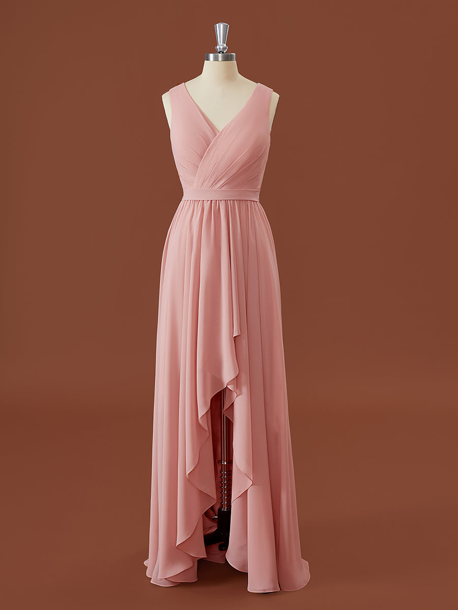 A-lijn chiffon v-hals geplooide asymmetrische bruidsmeisje jurk