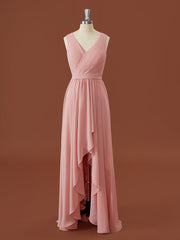 A-lijn chiffon v-hals geplooide asymmetrische bruidsmeisje jurk