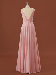 A-lijn chiffon v-neck geplooide vloerlengte bruidsmeisje jurk