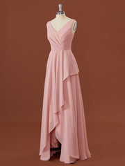 A-lijn chiffon v-neck geplooide vloerlengte bruidsmeisje jurk