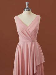 A-lijn chiffon v-neck geplooide vloerlengte bruidsmeisje jurk