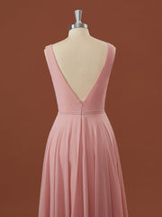 A-lijn chiffon v-neck geplooide vloerlengte bruidsmeisje jurk