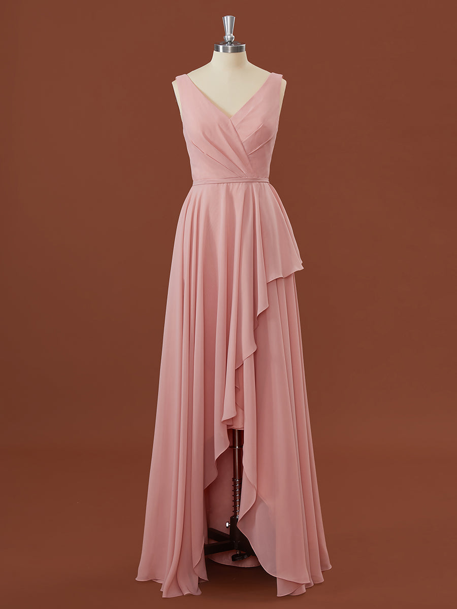 A-lijn chiffon v-neck geplooide vloerlengte bruidsmeisje jurk