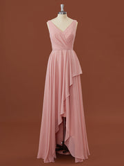A-lijn chiffon v-neck geplooide vloerlengte bruidsmeisje jurk