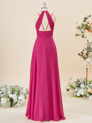 A-lijn chiffon v-neck geplooide vloerlengte bruidsmeisje jurk