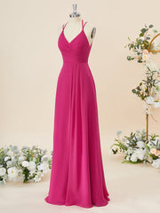 A-lijn chiffon v-neck geplooide vloerlengte bruidsmeisje jurk