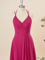 A-lijn chiffon v-neck geplooide vloerlengte bruidsmeisje jurk