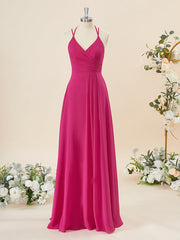 A-lijn chiffon v-neck geplooide vloerlengte bruidsmeisje jurk