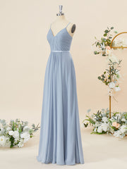 A-lijn chiffon v-neck geplooide vloerlengte bruidsmeisje jurk