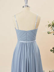 A-lijn chiffon v-neck geplooide vloerlengte bruidsmeisje jurk