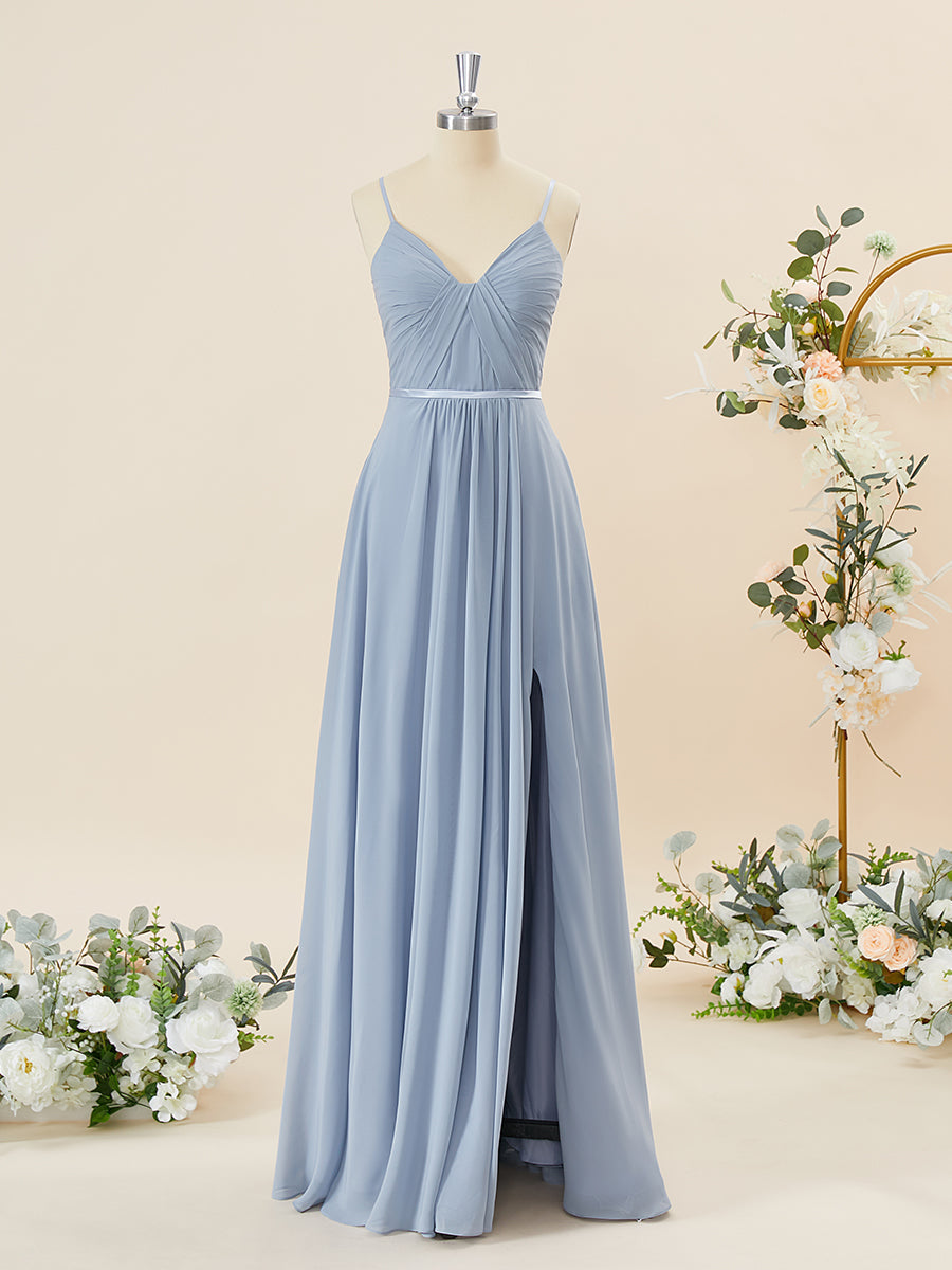 A-lijn chiffon v-neck geplooide vloerlengte bruidsmeisje jurk