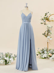 A-lijn chiffon v-neck geplooide vloerlengte bruidsmeisje jurk