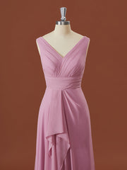 A-lijn chiffon v-neck geplooide vloerlengte bruidsmeisje jurk