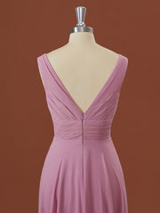 A-lijn chiffon v-neck geplooide vloerlengte bruidsmeisje jurk