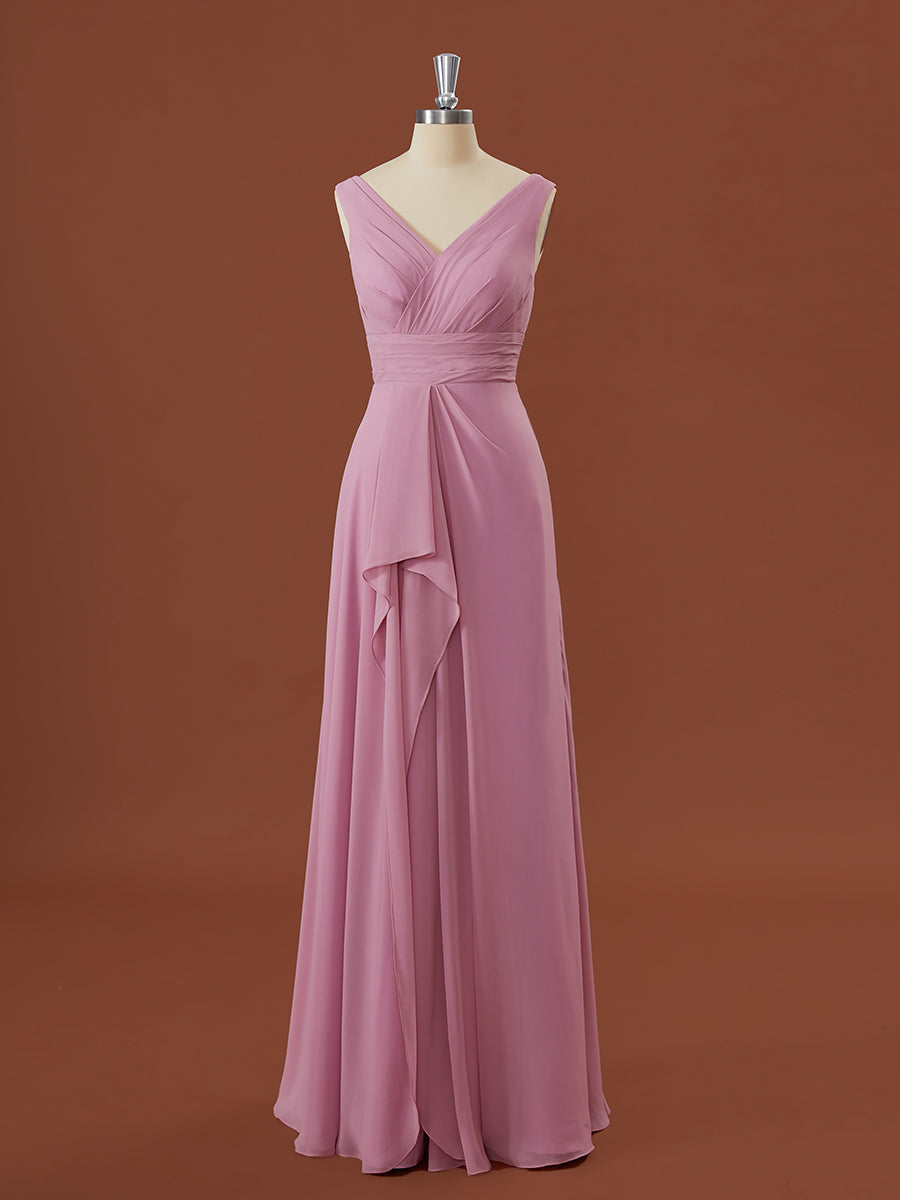 A-lijn chiffon v-neck geplooide vloerlengte bruidsmeisje jurk