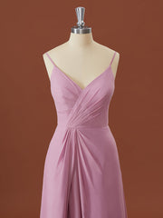A-lijn chiffon v-neck geplooide vloerlengte bruidsmeisje jurk
