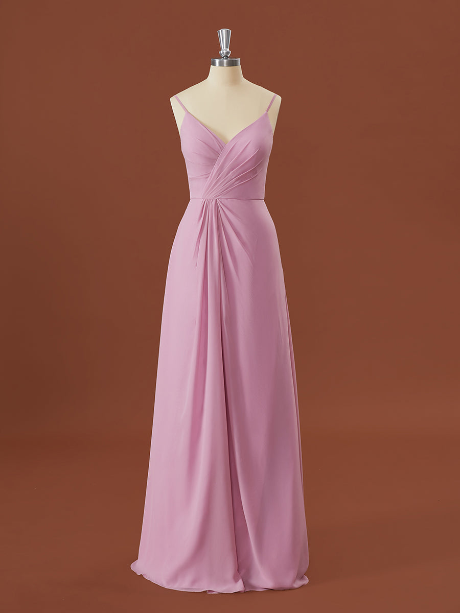 A-lijn chiffon v-neck geplooide vloerlengte bruidsmeisje jurk