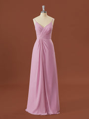 A-lijn chiffon v-neck geplooide vloerlengte bruidsmeisje jurk