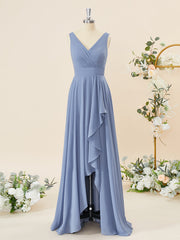 A-lijn chiffon v-neck geplooide vloerlengte bruidsmeisje jurk