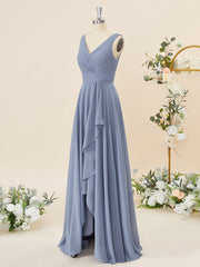 A-lijn chiffon v-neck geplooide vloerlengte bruidsmeisje jurk