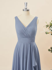 A-lijn chiffon v-neck geplooide vloerlengte bruidsmeisje jurk