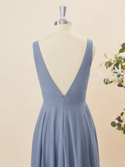 A-lijn chiffon v-neck geplooide vloerlengte bruidsmeisje jurk