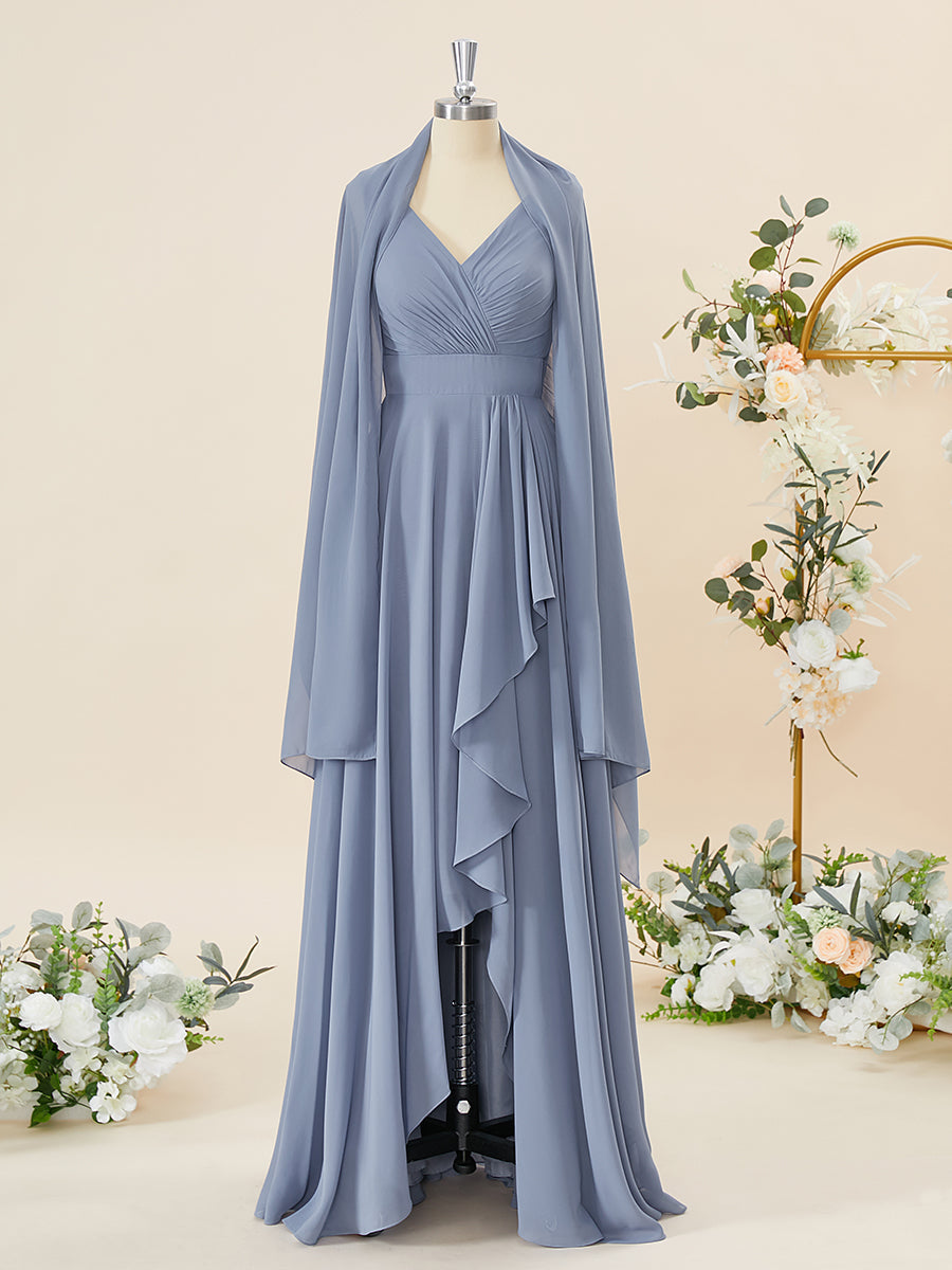 A-lijn chiffon v-neck geplooide vloerlengte bruidsmeisje jurk